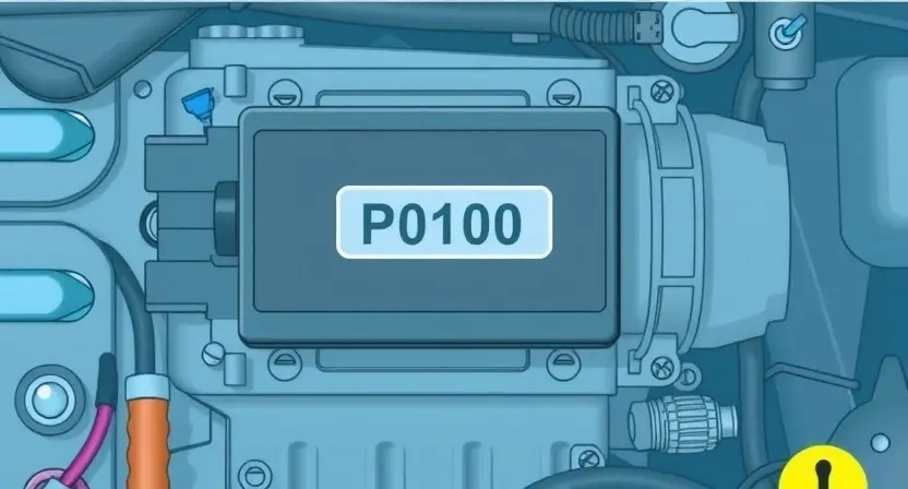A detailed illustration of an engine control unit (ECU) with various sensors and wiring, highlighting the P0100 error code indicator. The background should be a clean, technical environment.