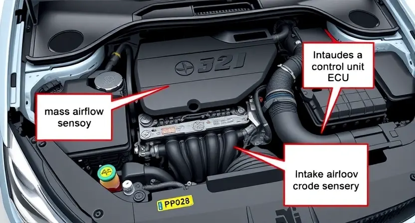 A detailed illustration of a car engine bay, focusing on the area where the P0238 error code might be related to. Include visual representations of relevant components like the mass airflow sensor, intake manifold, and engine control unit (ECU). The image should convey a sense of technical precision and automotive engineering.