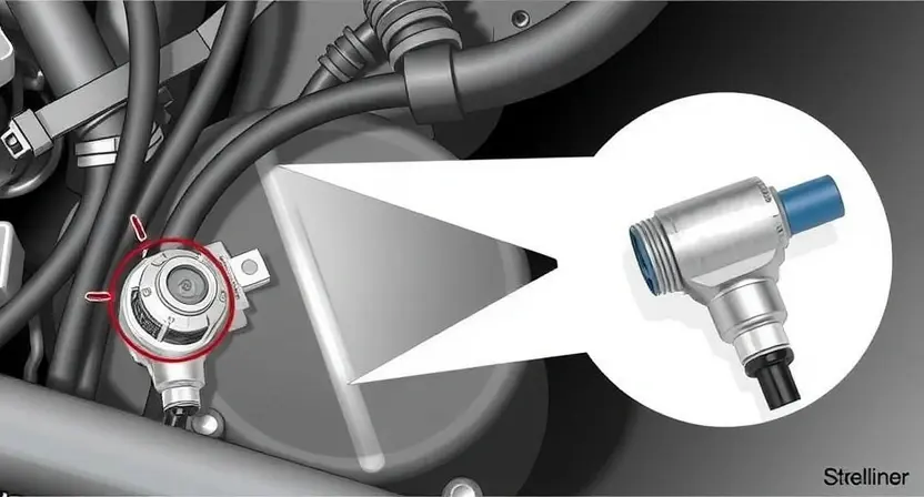 A detailed illustration of a fuel system in a vehicle, highlighting the water-in-fuel sensor and its associated wiring. The image should show the sensor connected to the fuel line, with clear visual indicators of the wiring harness and connections. The background should include a close-up of the sensor itself, emphasizing its components and how it integrates into the fuel system.