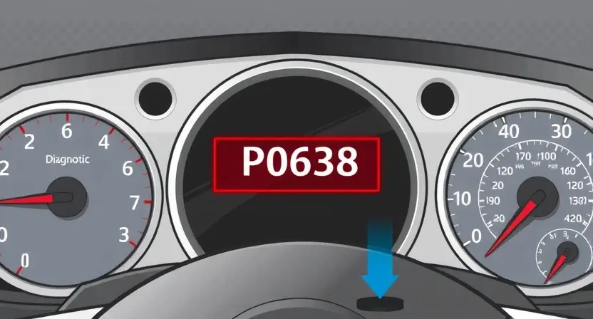 A detailed illustration of a car's dashboard with a diagnostic trouble code (DTC) light illuminated, displaying the error code P0638. The dashboard should show various gauges and indicators, with a focus on the error code display.