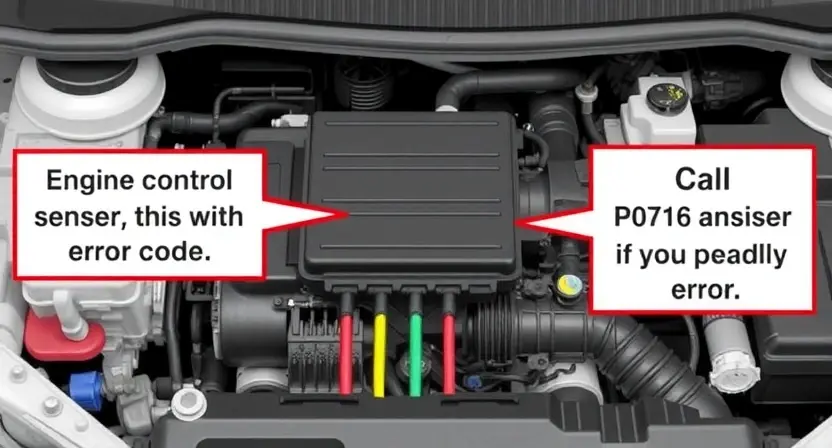 A detailed illustration of a car's engine control unit (ECU) with various sensors and wiring, highlighting the P0716 error code. The image should be clean and informative, suitable for a technical guide.
