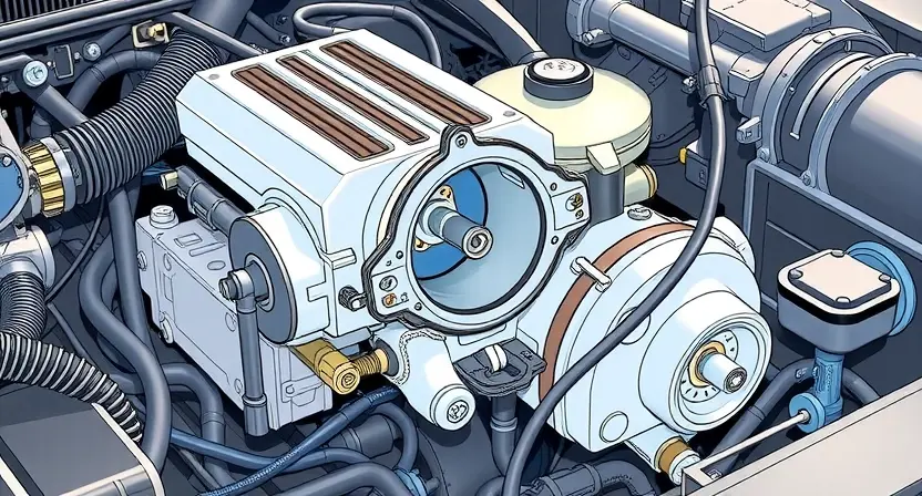 A detailed illustration of an engine bay with a clear focus on the throttle body and its electric actuator. The actuator should be shown in a slightly jammed or stuck position, with visible internal components. Include surrounding engine parts like hoses, wires, and the intake manifold to provide context. The overall lighting should be bright and realistic, highlighting the mechanical details.