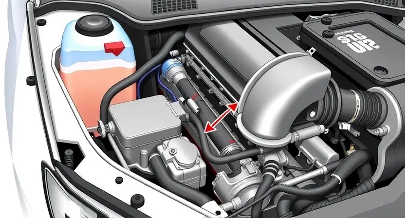 A detailed illustration of a car's engine bay, highlighting the mass airflow sensor (MAF sensor) and its surrounding components. The image should clearly show the MAF sensor's location, wiring connections, and nearby intake manifold. Include visual cues indicating airflow direction. Focus on technical accuracy and clarity, suitable for a repair manual or diagnostic guide. The overall composition should be clean and well-lit, emphasizing the sensor's importance in engine performance.