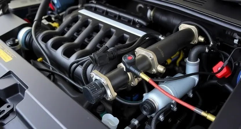 A close-up, detailed image of a car's engine bay, specifically focusing on the manifold and associated sensors. The engine should appear clean and well-maintained. The focus should be on the components related to the Manifold Absolute Pressure (MAP) sensor system.