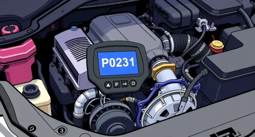 A detailed illustration of a car's engine bay with a diagnostic code reader displaying 'P0231'. The engine should be partially visible, showcasing components like the alternator, battery, and intake manifold. Focus on clarity and technical accuracy.