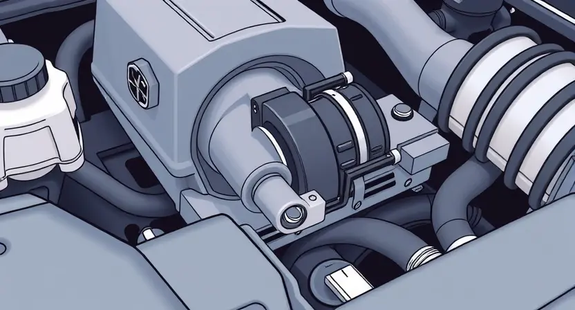A close-up, detailed illustration of a car's engine bay, specifically focusing on the mass airflow sensor (MAF sensor). The sensor should be clearly visible, along with surrounding engine components like air intake tubing and hoses. The image should convey a sense of technical precision and cleanliness. Focus on the sensor's physical appearance and its connection points.