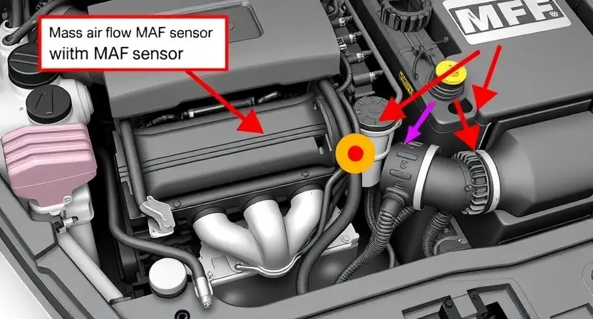 A detailed illustration of a car's engine bay, highlighting the Mass Air Flow (MAF) sensor. The sensor should be clearly visible, with arrows pointing to its location and connections. Include surrounding engine components for context, such as air intake, throttle body, and wiring harnesses. Focus on a clean, well-lit depiction emphasizing the sensor's physical appearance and its integration within the engine system.