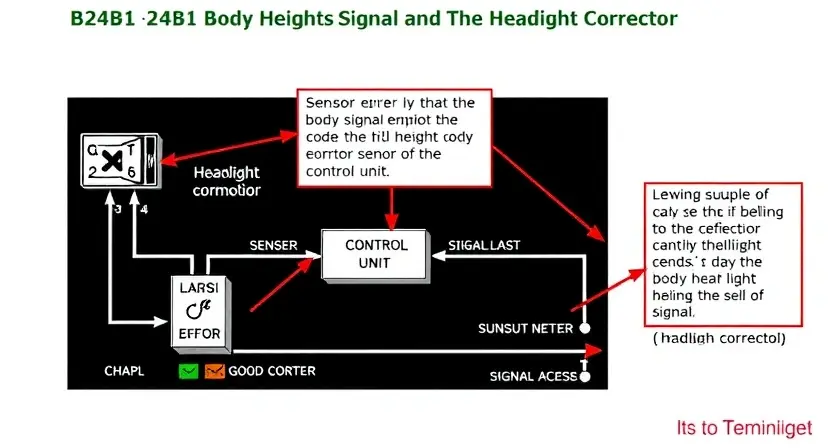 A detailed diagram illustrating the B24B1 error code related to the body height sensor signal and its role in the headlight corrector system. The diagram should show the sensor, the control unit, and the headlight corrector mechanism, with arrows indicating the flow of data and the function of each component. Use clear labels and annotations to explain the connection between the sensor signal and the headlight adjustment.