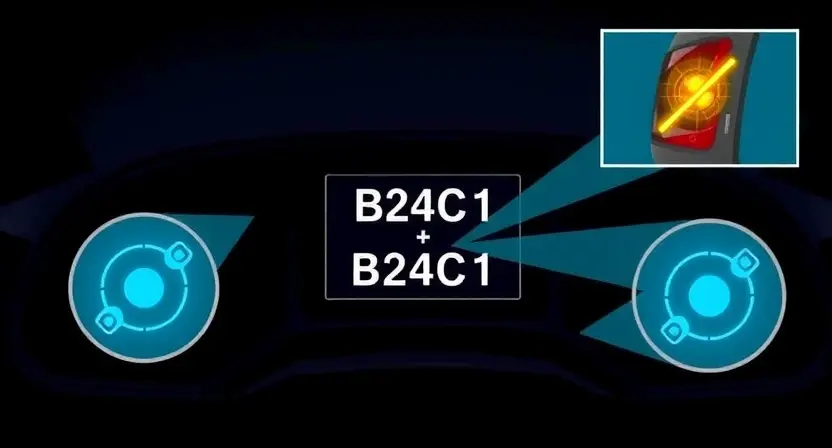 A detailed illustration of a car's adaptive lighting system, focusing on the B24C1 error code display on the dashboard. The image should show the error code clearly, along with visual representations of the lighting components and sensors within the car's headlamps and taillights. The overall aesthetic should be informative and technical, suitable for a repair manual or automotive website.