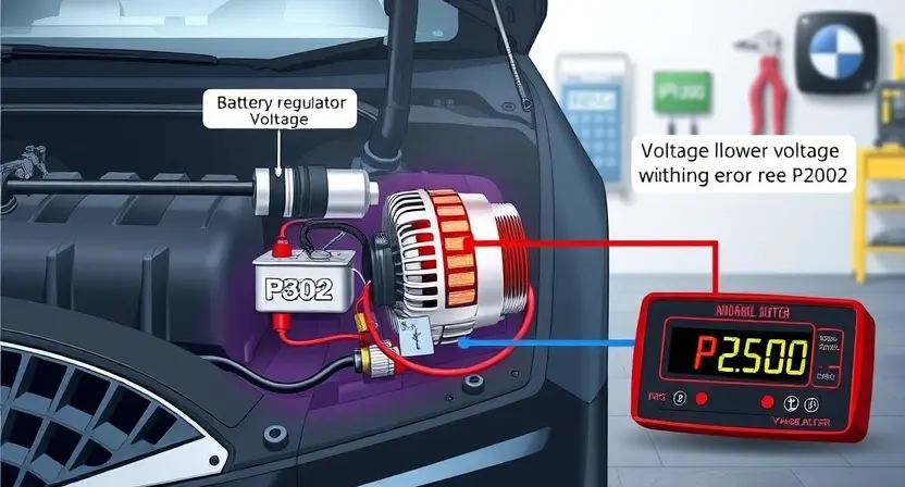 A detailed illustration of a car's charging system, highlighting the battery, alternator, and voltage regulator. Show the connections between these components with emphasis on the voltage flow. Include a visual representation of a voltage meter displaying an abnormal reading to indicate the P2502 error code. The scene should be set in a well-lit garage with tools and diagnostic equipment in the background.