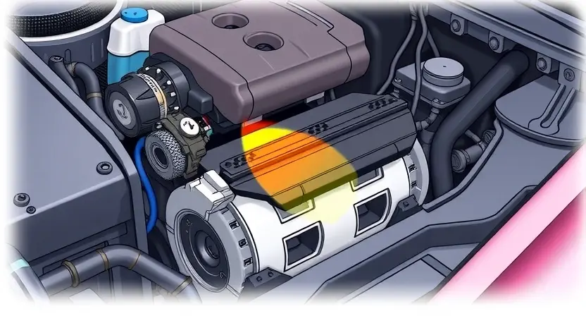 A detailed illustration of a car engine with a highlighted sensor or component related to the P0126 error code. The engine should be depicted in a cross-section view to show internal parts. Include visual indicators such as a glowing or flashing light near the problematic area to signify the error. The overall scene should have a technical and diagnostic feel, with a focus on the mechanical aspects of the engine.