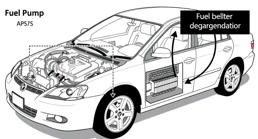 A detailed illustration of a car's fuel system components, highlighting the potential areas related to the P2099 error. Show a fuel pump, fuel filter, fuel injectors, and fuel pressure sensor. Use arrows to indicate the flow of fuel and potential points of blockage or malfunction. The background should be a clean, technical drawing style.