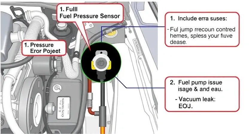 A detailed illustration of a car's fuel system, highlighting the fuel pressure sensor and its connection to the engine control unit (ECU). Include visual cues representing the P0193 error code and its potential causes (e.g., fuel pump issue, vacuum leak).