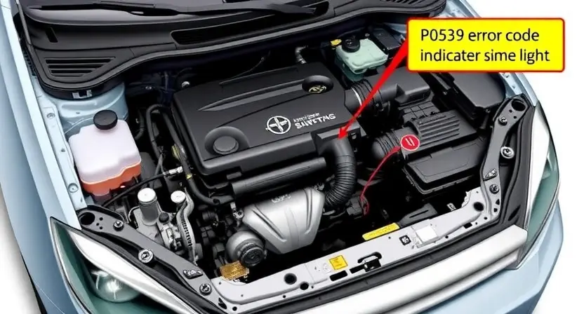 A detailed illustration of a car's engine bay, highlighting the P0539 error code indicator light. The engine should be partially disassembled to show relevant components like the crankshaft position sensor and camshaft position sensor. Focus on technical accuracy and clarity.