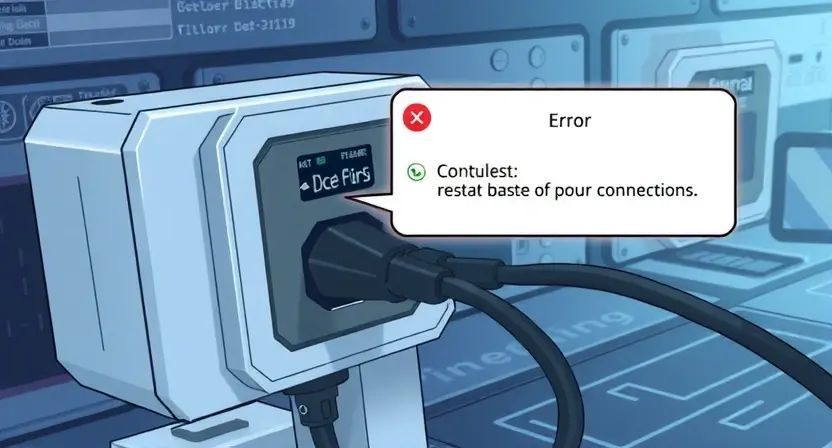A detailed illustration of a charging port controller with visible connection cables, highlighting a broken or disconnected link to represent the loss of connection. The scene should include a close-up view of the controller and the charging port, with a focus on the error state. The background should be a clean, technical workspace with subtle lighting to emphasize the components.