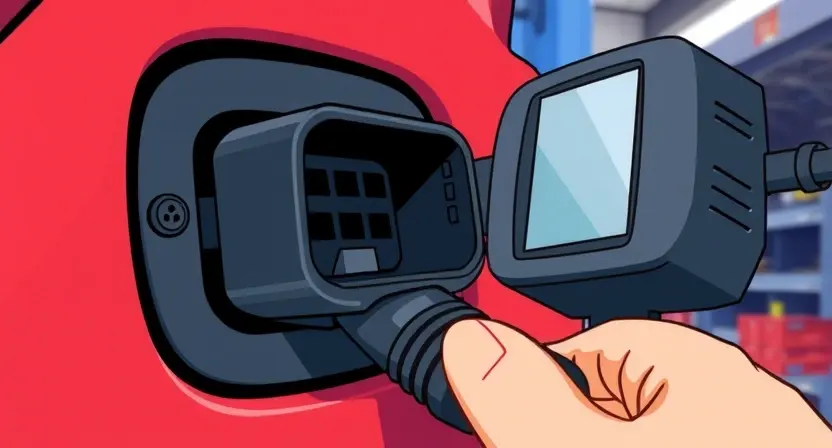 A close-up, detailed illustration of a car's OBD-II port with a diagnostic tool connected. The background should subtly suggest an automotive repair shop environment, but the focus is on the port and the connection. The image should convey a sense of technical inspection and troubleshooting.