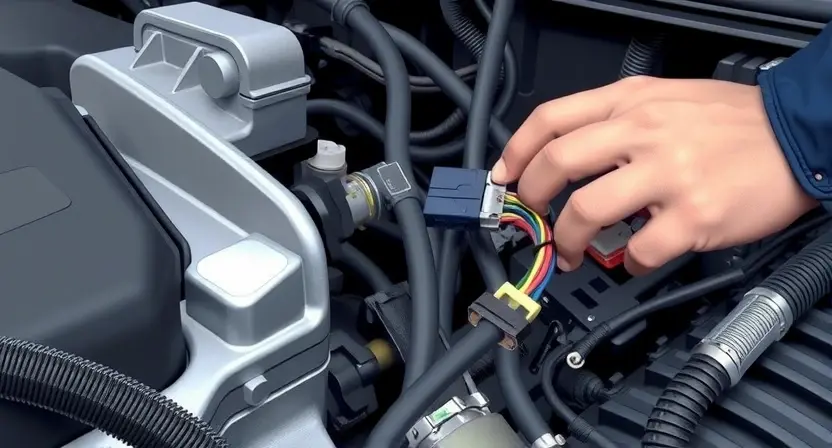A close-up, detailed illustration of a car engine bay with a mechanic inspecting wiring connected to a sensor. Focus on the wiring harness and the sensor connector. The engine should be partially visible, but the primary focus is on the electrical components. Use realistic lighting and textures to depict the metal, plastic, and wires.