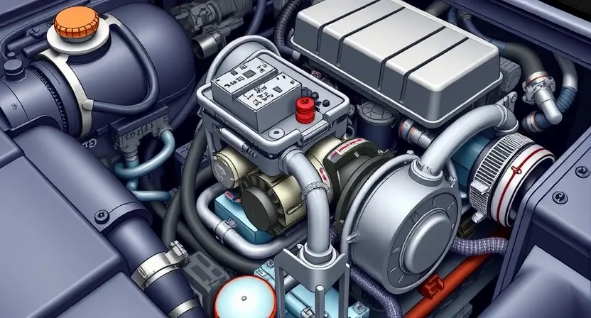 A detailed illustration of a car engine with a focus on the pre-heating system, highlighting the relay component. The image should show the relay in a disassembled state to clearly depict its internal parts and connections. The surrounding engine components should be depicted in a realistic manner, with a focus on the intricate details of the pre-heating system. The image should convey a sense of technical precision and professionalism.