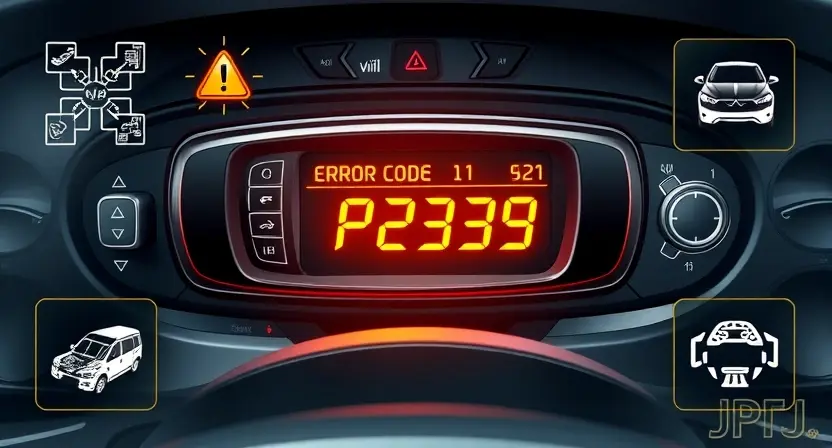 A high-quality technical illustration showing a modern car engine control unit with a glowing warning light indicating error code P2339, surrounded by subtle symbols of automotive diagnostics like circuit diagrams and error code readouts, clean background, professional lighting, detailed mechanical parts, no text or numbers visible