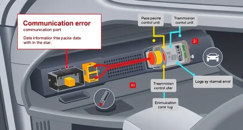 A detailed illustration of a car's diagnostic port with a visual representation of a communication bus (CAN bus) showing data packets flowing between different vehicle systems (engine control unit, transmission control unit, etc.). The illustration should highlight the concept of a communication error within the bus. Focus on the interconnectedness of the systems and the flow of information.