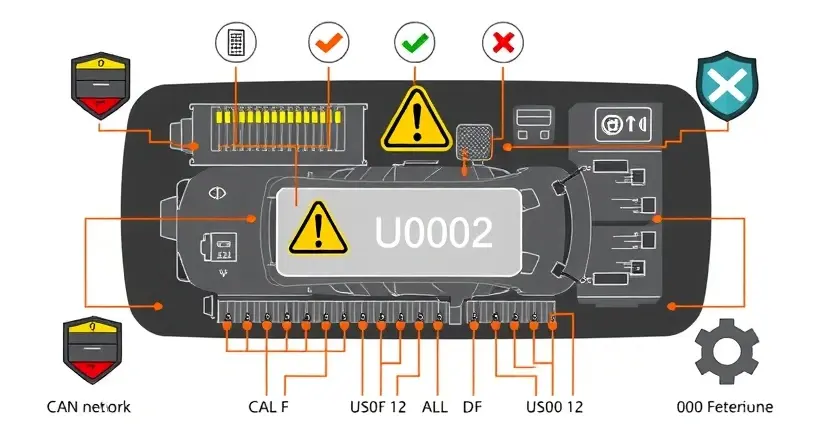 A high-quality technical illustration showing a CAN bus network with a vehicle's electronic control units, highlighting a U0002 error symbol with warning signs, surrounded by preventive maintenance icons like shields and checkmarks, clean technical diagram style
