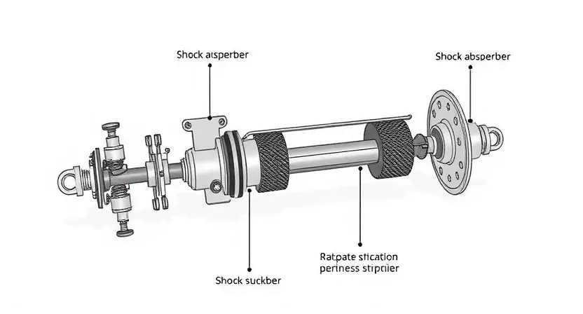 A detailed, technical illustration of an automotive suspension system, specifically focusing on the adaptive shock absorber and its associated linkage. The image should clearly show the components of the shock absorber, the connecting rods, and the overall mechanism responsible for the 'жесткость' (stiffness) of the suspension. Use a clean, diagrammatic style with clear labels indicating the parts. The background should be a neutral gray to emphasize the mechanics.