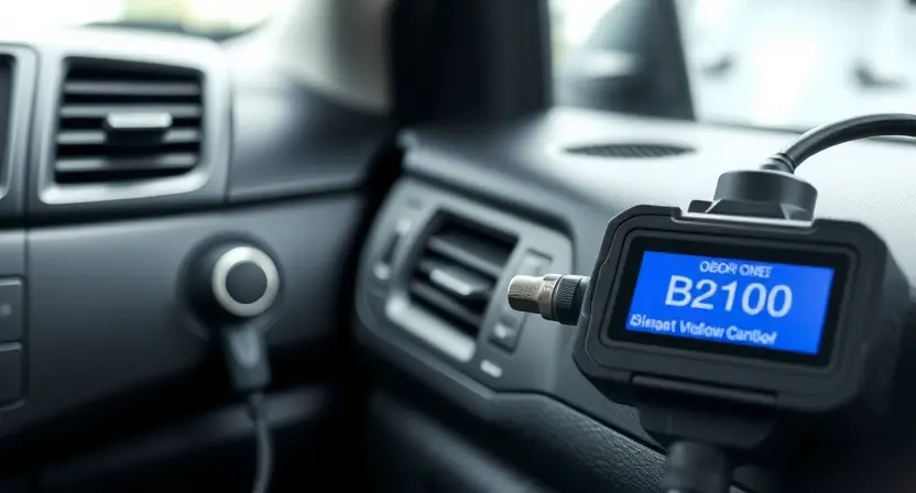 A close-up of a car's interior dashboard focusing on a malfunctioning window control button, with a diagnostic scanner connected to the OBD-II port displaying error code B2100 on its screen, soft ambient lighting, realistic automotive interior details, no text or labels visible on any surfaces
