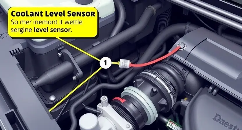 A detailed illustration of a car's engine bay, focusing on the coolant level sensor and its wiring. Show potential mechanical damage to the sensor, such as cracks or broken connections. Include visual cues indicating the sensor's function and the impact of damage on the cooling system.