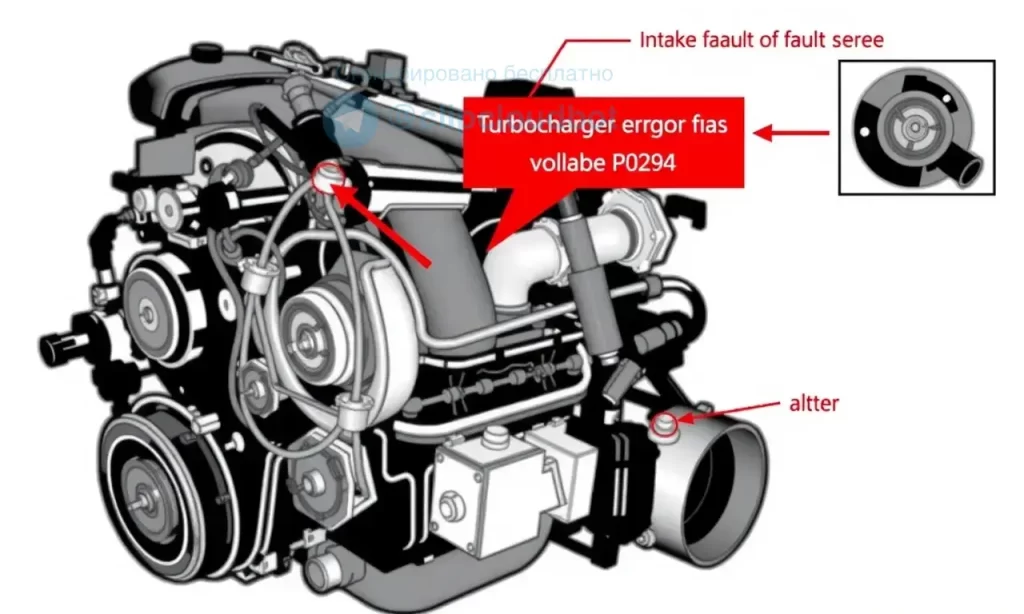 A detailed technical diagram showing the engine components related to error code P0294, including the turbocharger, intake manifold, and sensor connections, with highlighted fault areas in red, on a clean background with no text or labels