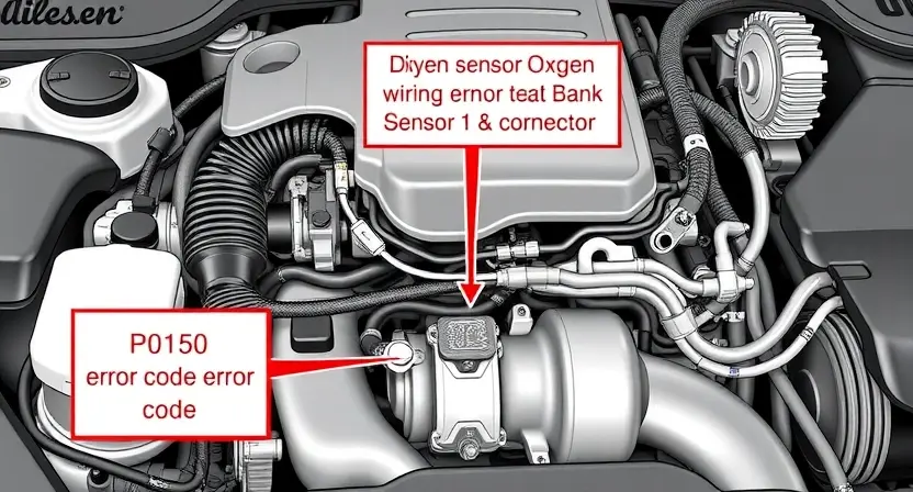A high-quality technical illustration showing an automotive engine bay with a focus on the oxygen sensor wiring and connector for Bank 2 Sensor 1, highlighting the circuit path and components involved in the P0150 error code, rendered in a clear, detailed, and professional style suitable for automotive diagnostics documentation