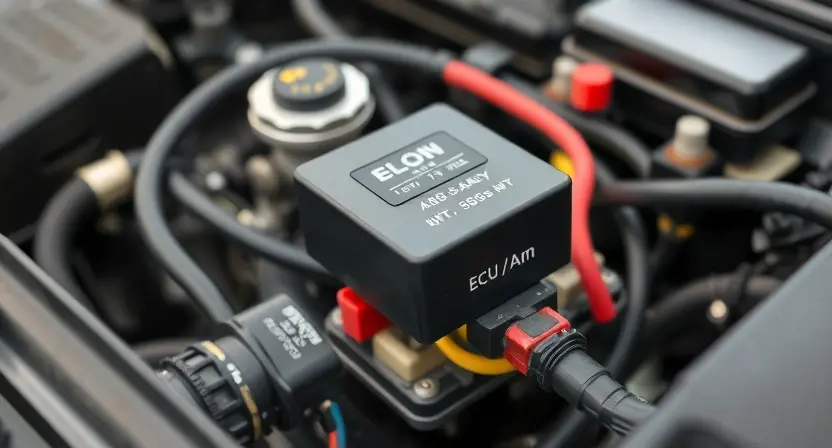 A close-up photograph of a car's engine bay, focusing on the relay control unit (ECU relay). The relay should be clearly visible, with surrounding wiring and components in focus. The overall lighting should be bright and even, highlighting the details of the relay and its connections. The background should be slightly blurred to emphasize the relay.