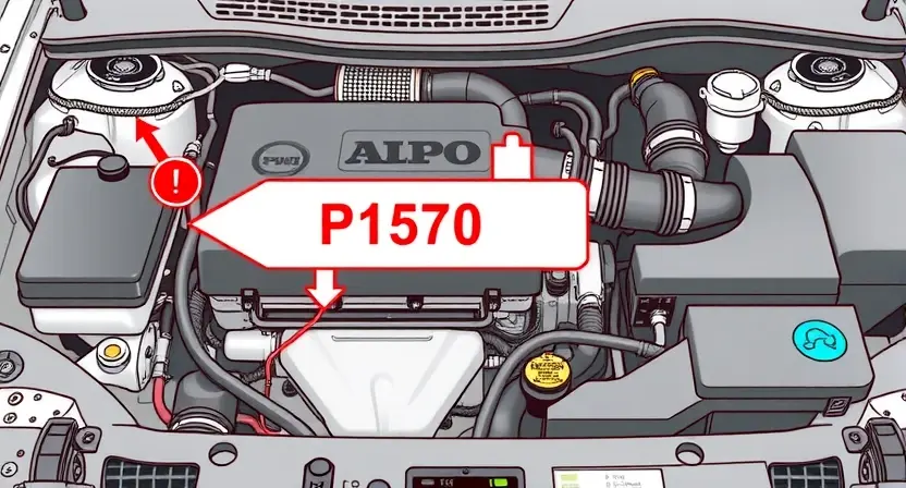 A detailed illustration of an automotive engine bay with a focus on potential error codes and diagnostic tools. Include visual representations of common engine components like the engine block, intake manifold, and sensors. Highlight a digital display showing a P1570 error code.