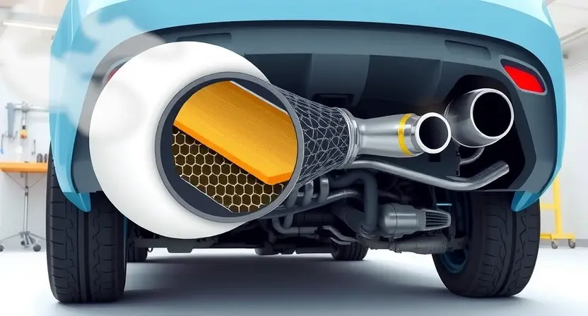 A detailed illustration of a car's exhaust system with a focus on the Gasoline Particulate Filter (GPF). Show the GPF in a cross-section view to highlight its internal structure, including the honeycomb pattern. Depict the car's engine and exhaust pipes leading to the GPF. Include visual indicators of a malfunction, such as smoke or warning lights on the dashboard. The scene should be set in a well-lit garage or workshop environment with tools and diagnostic equipment in the background.