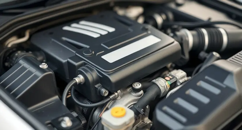 A close-up, detailed image of a car's engine bay. Focus on the engine control unit (ECU) and related sensors. The engine should appear clean and well-maintained. Highlight the wiring and connections around the ECU. The background should be slightly blurred, suggesting a garage or workshop environment.