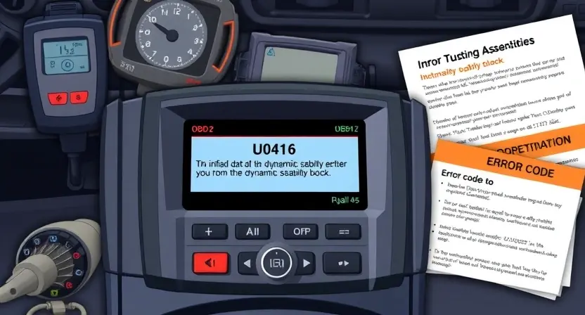 A high-quality technical illustration showing a car's OBD2 diagnostic scanner displaying error code U0416, with a warning message about invalid data from the dynamic stability block, surrounded by automotive diagnostic equipment and error code documentation, clean technical background, no text or numbers visible on the image