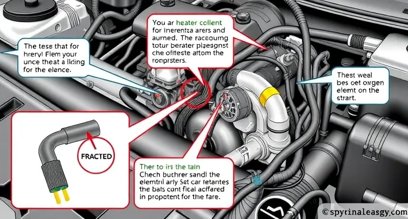 A detailed illustration of an automotive engine bay, focusing on the oxygen sensor heater circuit. Include visual representations of the heater element, wiring, and potential failure points. The image should depict a technical overview of the circuit's components and connections.
