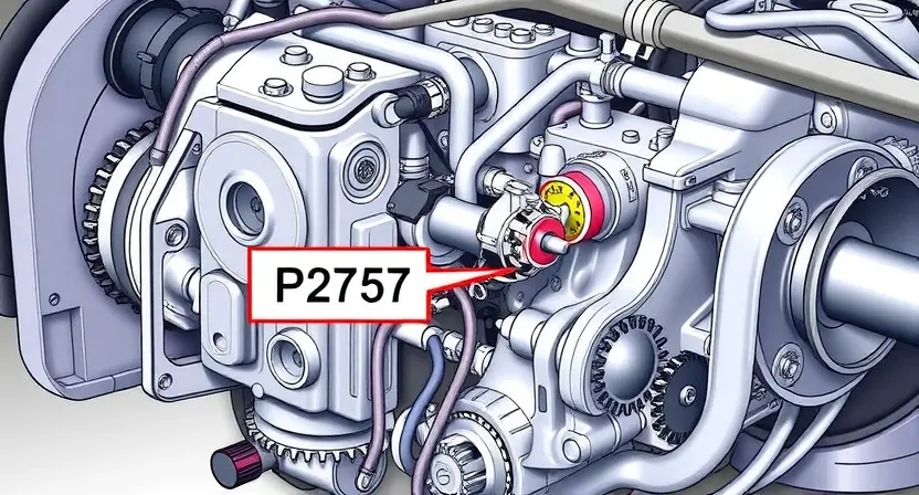 A detailed illustration of a car transmission with a focus on the solenoid. The solenoid is visibly stuck or malfunctioning, with a visual representation of the P2757 error code displayed near it. The transmission components should be realistically rendered, showcasing gears, shafts, and hydraulic lines. The background should be a clean, technical environment, possibly a workshop or garage.