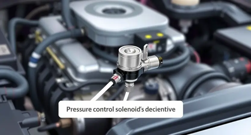 A detailed illustration of a car's engine bay, focusing on the pressure control solenoid. The solenoid should be clearly visible, with wiring and hoses connected. The background should be slightly blurred to emphasize the solenoid. The overall lighting should be realistic, highlighting the components.