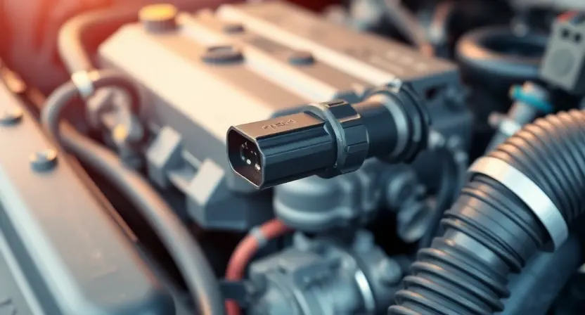 A close-up, detailed illustration of a car's engine bay, focusing on the Mass Airflow Sensor (MAP sensor). The sensor should be clearly visible, with surrounding engine components subtly in focus. Wires and hoses connected to the sensor should be depicted realistically. The overall lighting should be bright and clean, highlighting the sensor's details. The background should be blurred to emphasize the sensor.