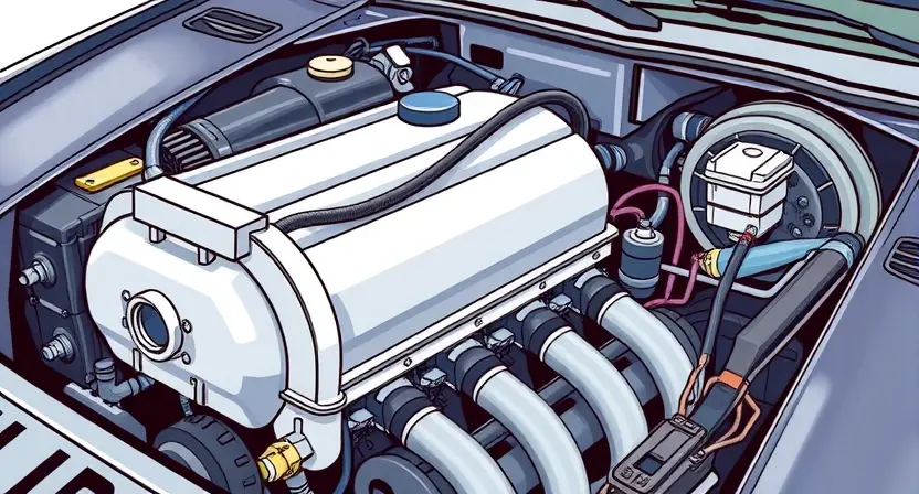 A detailed illustration of a car's engine bay, specifically highlighting the air intake heater circuit. Show the heater core, hoses, and wiring connected to it. The background should be a slightly blurred engine bay environment.