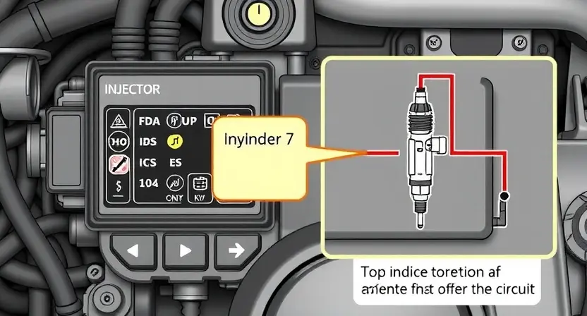 A detailed illustration of an engine control unit (ECU) with a highlighted fuel injector circuit diagram. The diagram should clearly show the injector for cylinder 7 and the associated wiring. Include visual cues indicating a potential fault in the circuit.