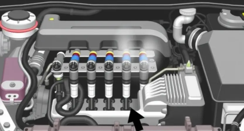A detailed illustration of a car's engine bay, focusing on the fuel system components like the fuel injectors, fuel rail, and oxygen sensors. Highlight the air intake system and exhaust manifold. Use visual cues to represent a lean air-fuel mixture, such as a slightly hazy or blurred effect around the injectors. The overall image should convey a technical and informative feel, suitable for a repair manual.