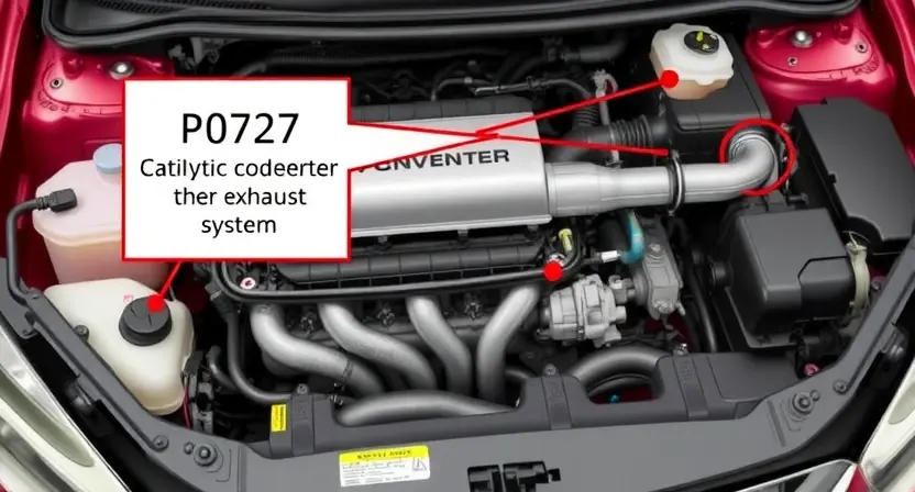A detailed illustration of a car's engine bay, highlighting the catalytic converter and related components. Focus on the visual representation of the P0727 error code's impact on the exhaust system.