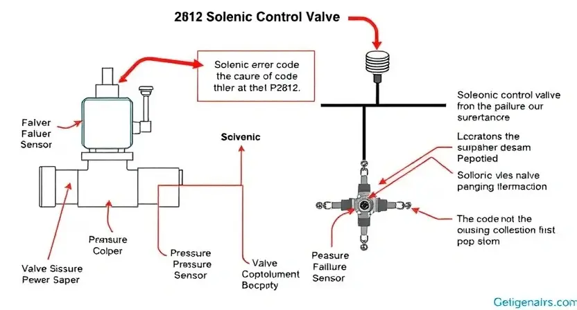A detailed schematic diagram of a solenoid control valve, highlighting the P2812 error code and its potential causes. Include visual representations of the valve's components (solenoid, valve body, pressure sensor) and possible failure points. The diagram should be clean, well-labeled, and illustrate the diagnostic process.