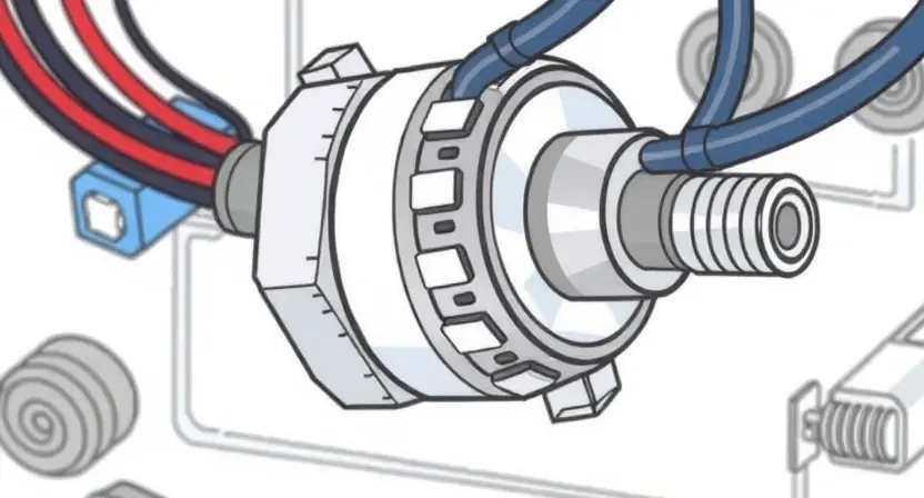 A close-up, detailed illustration of a differential pressure sensor with visible wiring and connections. The sensor should be depicted in a clean, technical style, highlighting its components. Focus on the sensor's physical form and the surrounding circuitry.