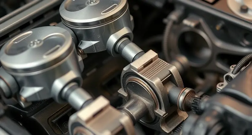 A detailed view of a car engine with a focus on the pistons and connecting rods, showing signs of wear and tear such as scratches or dents. The engine should be partially disassembled to highlight the internal components. The image should convey a sense of mechanical failure, with a close-up of the problematic area.