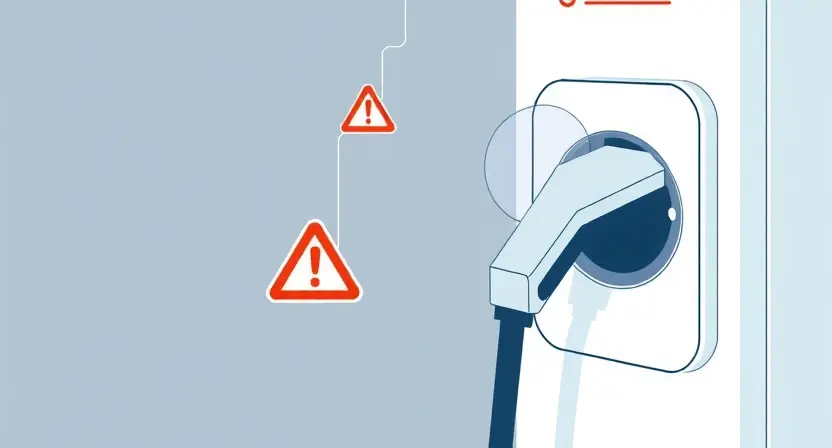 A technical illustration of an electric vehicle charging station showing a charging port with a warning sign indicating loss of connection to the controller, clean lines, high detail, no text or numbers on the image