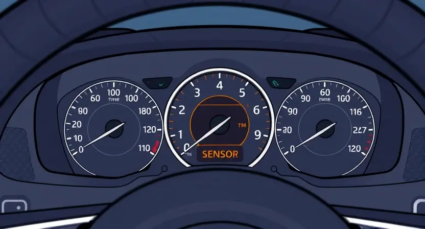 A detailed illustration of a car's dashboard with a prominent warning light indicating a sensor malfunction. The dashboard should be clean and modern, focusing on the affected area. The warning light should be clearly visible and distinct. The background should be slightly blurred to emphasize the dashboard.