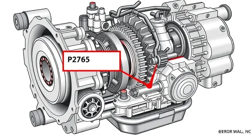 A detailed illustration of an automatic transmission system with a highlighted error code P2765. The illustration should show the various components of the transmission (gears, shafts, solenoids, etc.) and clearly indicate the location of the error code indicator. The background should be a clean, technical environment.