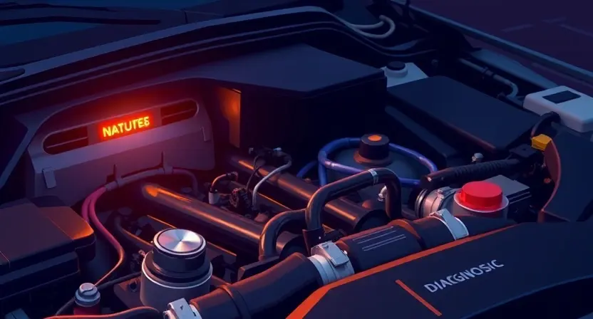 A detailed illustration of a car engine with a diagnostic light illuminated on the dashboard. Focus on the engine components and the warning light.